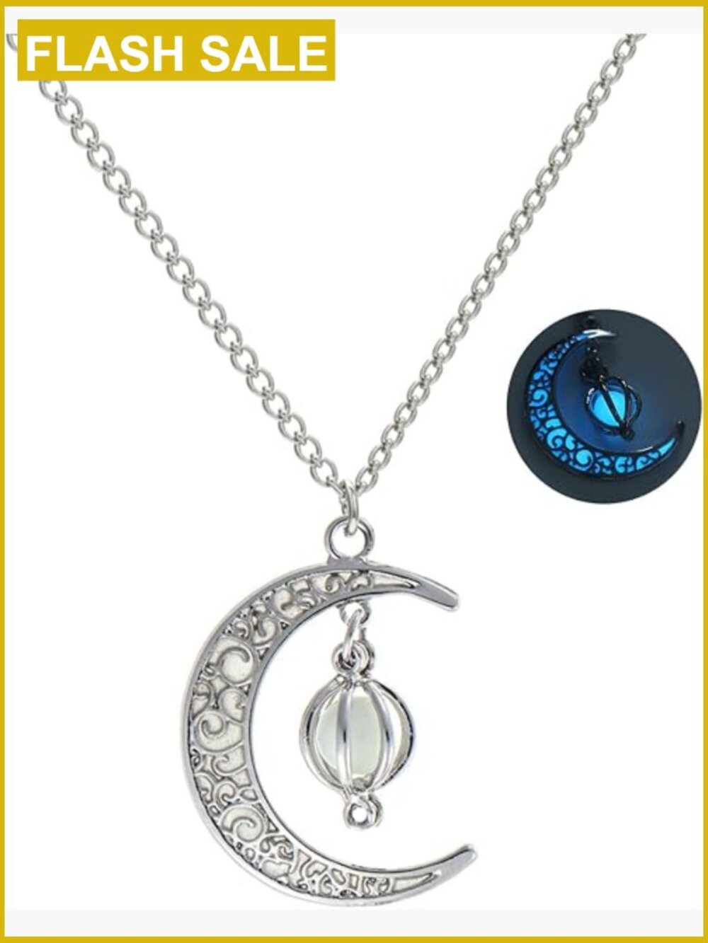 Glow in the Dark Crescent Moon Pendant Necklace, Luminous Bead, Lobster Clasp,